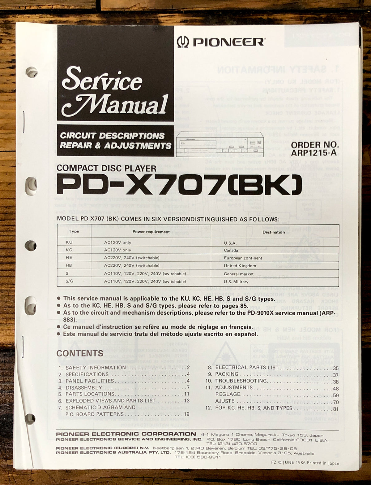 Pioneer PD-X707 CD Player  Service Manual *Original*