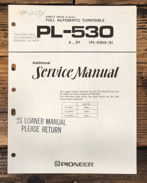 Pioneer PL-530 PL-530X PL-530S Turntable AdditionalService Manual *Orig*