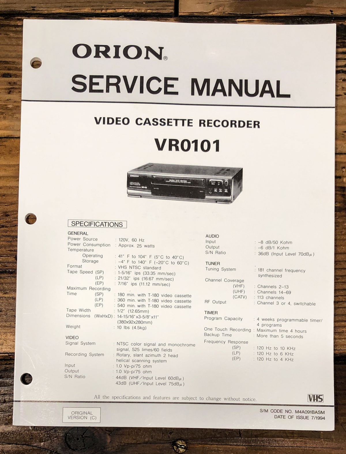 Orion  VR0101 VCR Service Manual *Original*