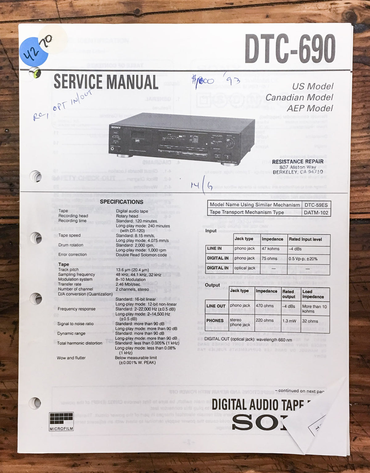 Sony DTC-690 DAT Deck  Service Manual *Original*