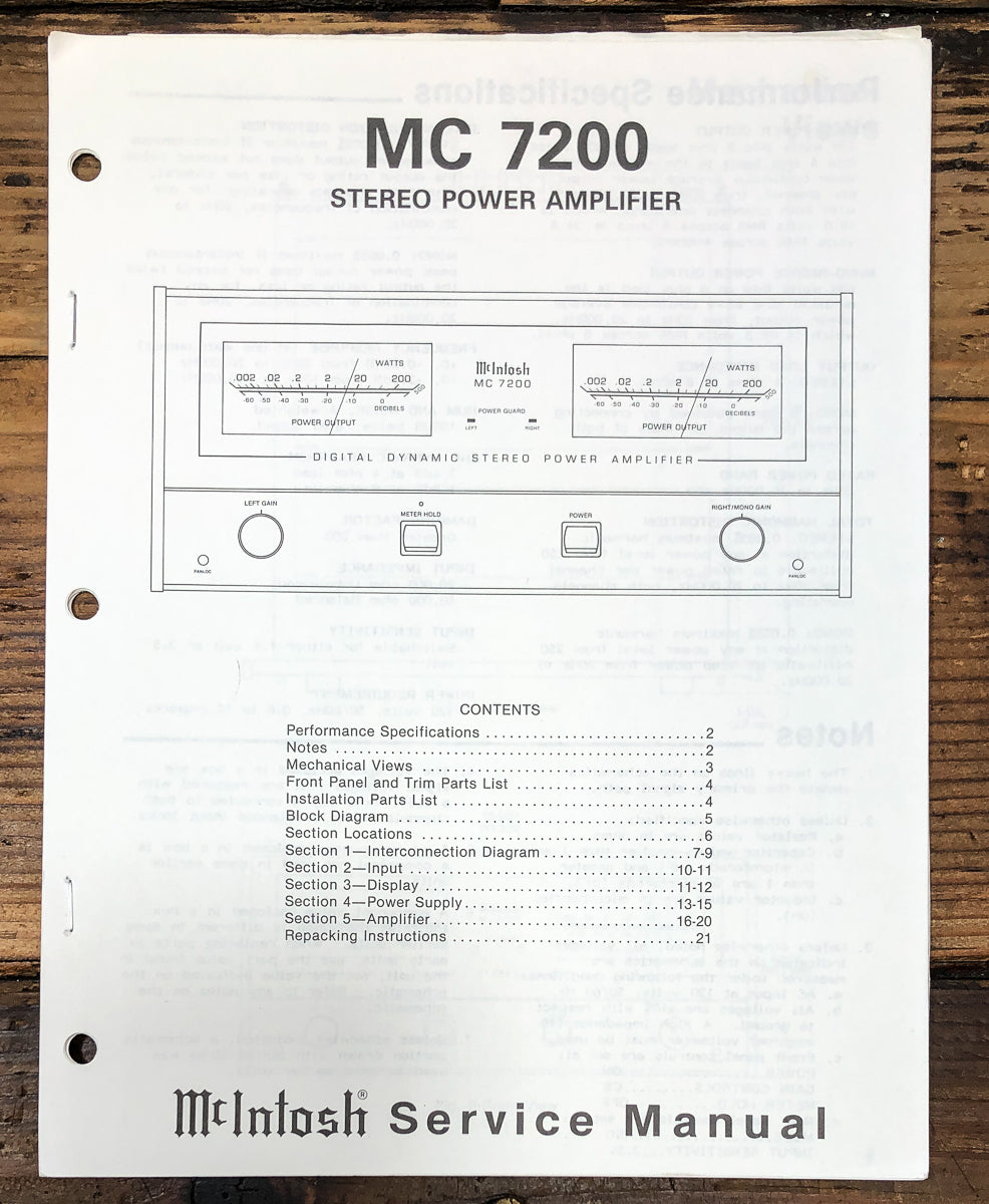 McIntosh MC-7200 MC7200 Amplifier Service Manual *Original*