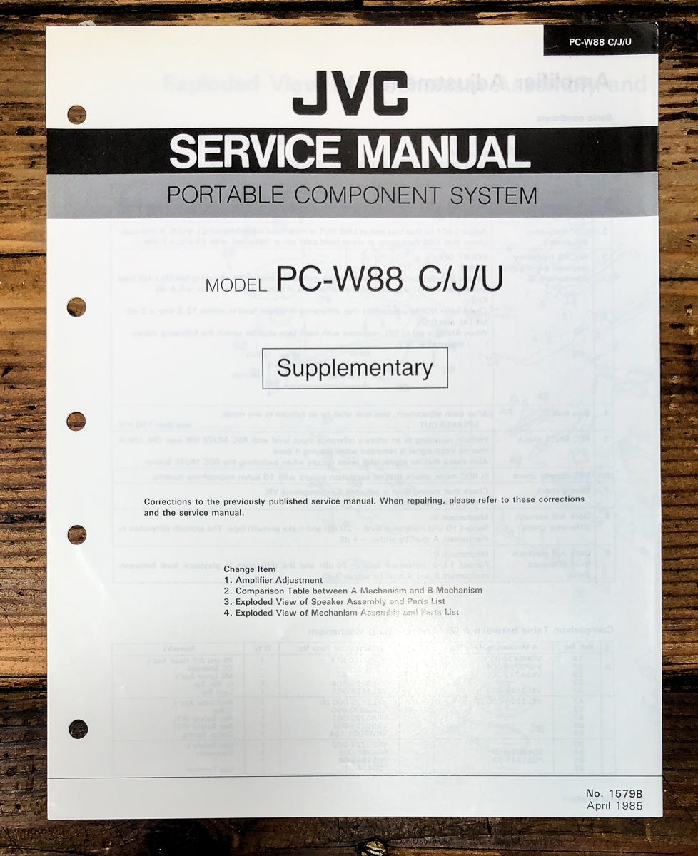 JVC PC-W88 Radio Cassette Supp. Service Manual *Original*