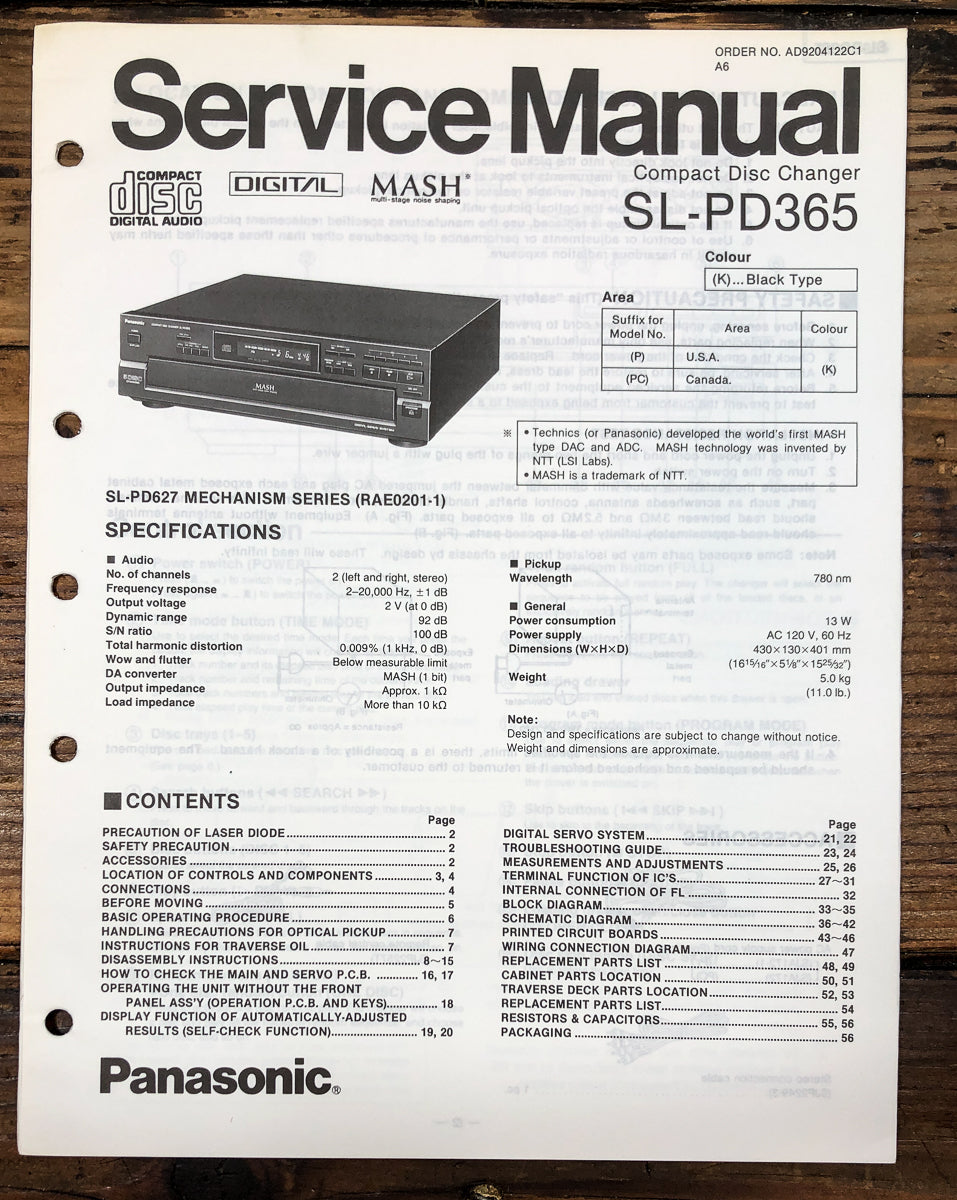 Technics SL-PD365 CD Player Service Manual *Original*