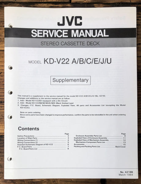 JVC KD-V22 Cassette Supp. Service Manual *Original*