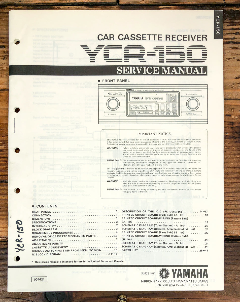Yamaha YCR-150 Car Radio Service Manual *Original*