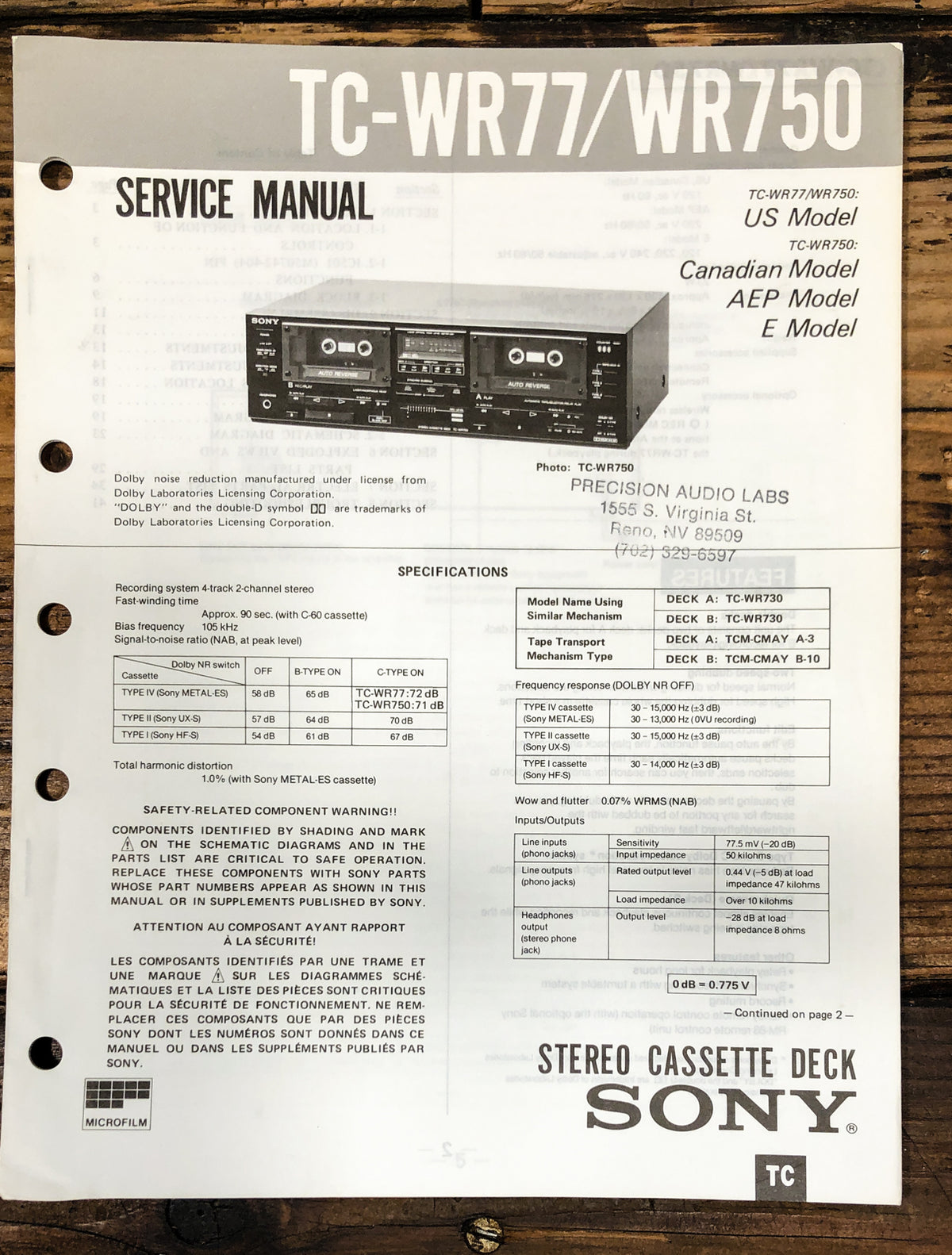 Sony TC-WR77 TC-WR750 Cassette Service Manual *Original*