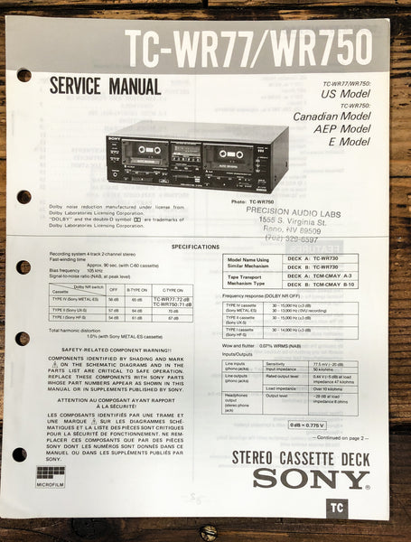 Sony TC-WR77 TC-WR750 Cassette Service Manual *Original*