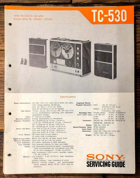 Sony TC-530 Reel to Reel  Service Manual *Original*