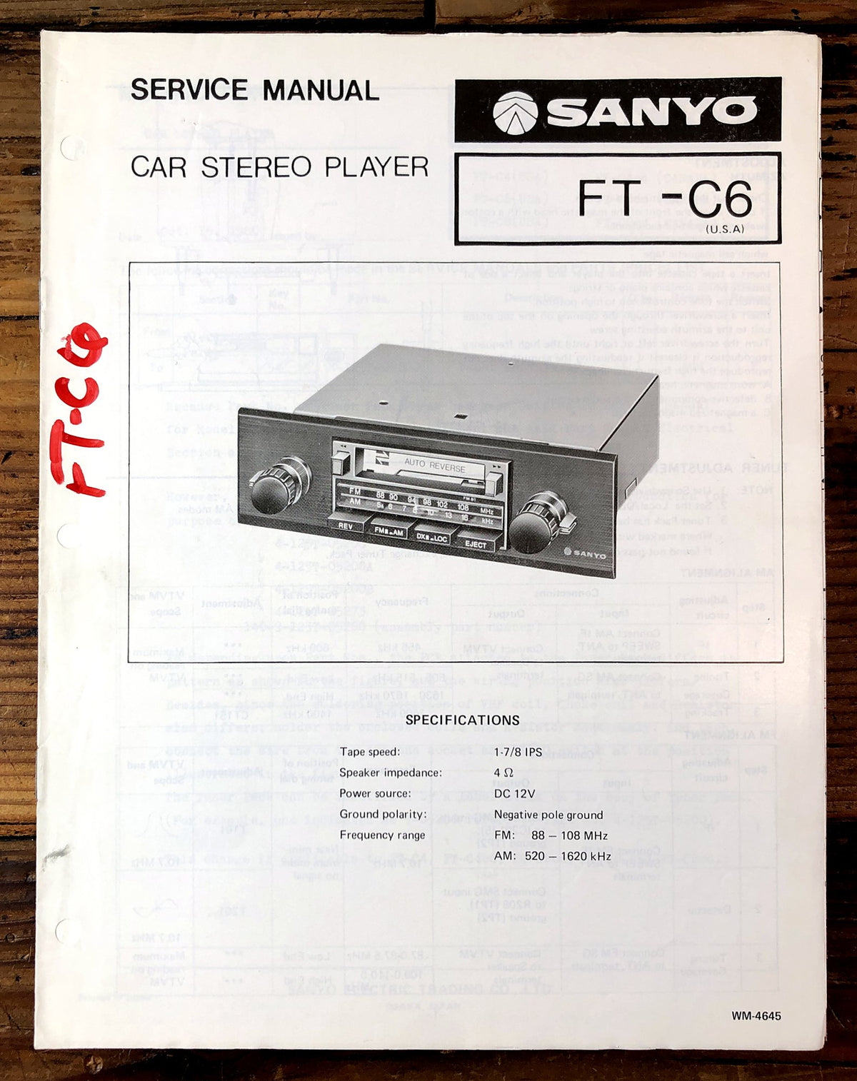 Sanyo FT-C6 Car Stereo Player Service Manual *Original*