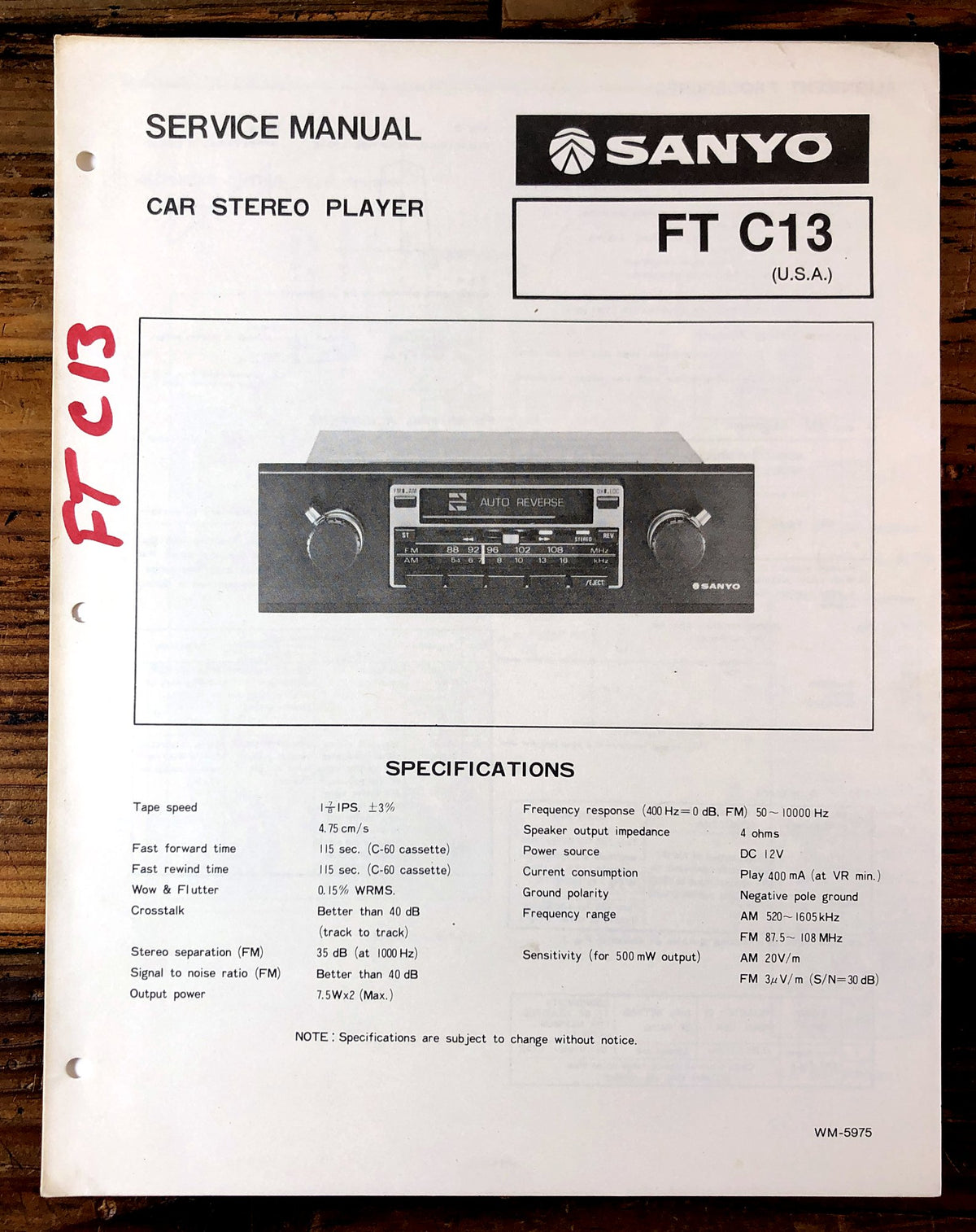 Sanyo FT C13 Car Stereo Player Service Manual *Original*