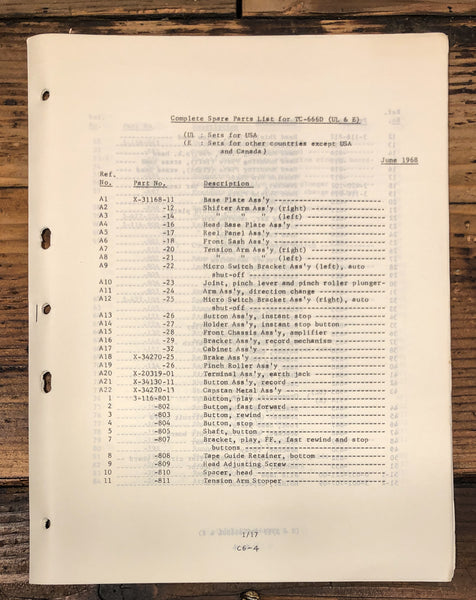 Sony TC-666D Reel to Reel Parts List Manual *Original*