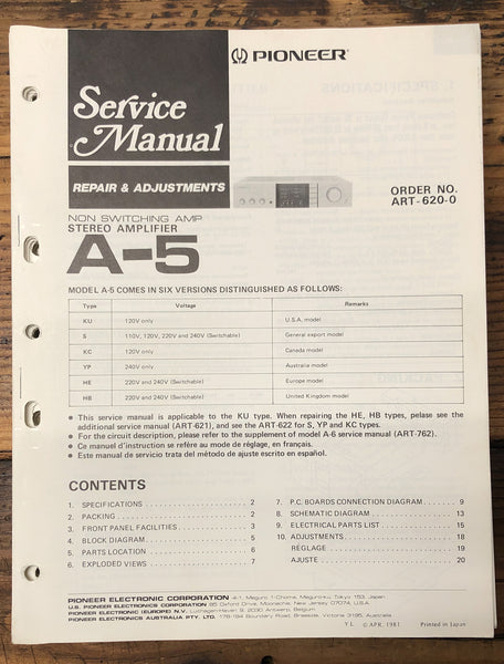 Pioneer A-5 Amplifier  Service Manual *Original*