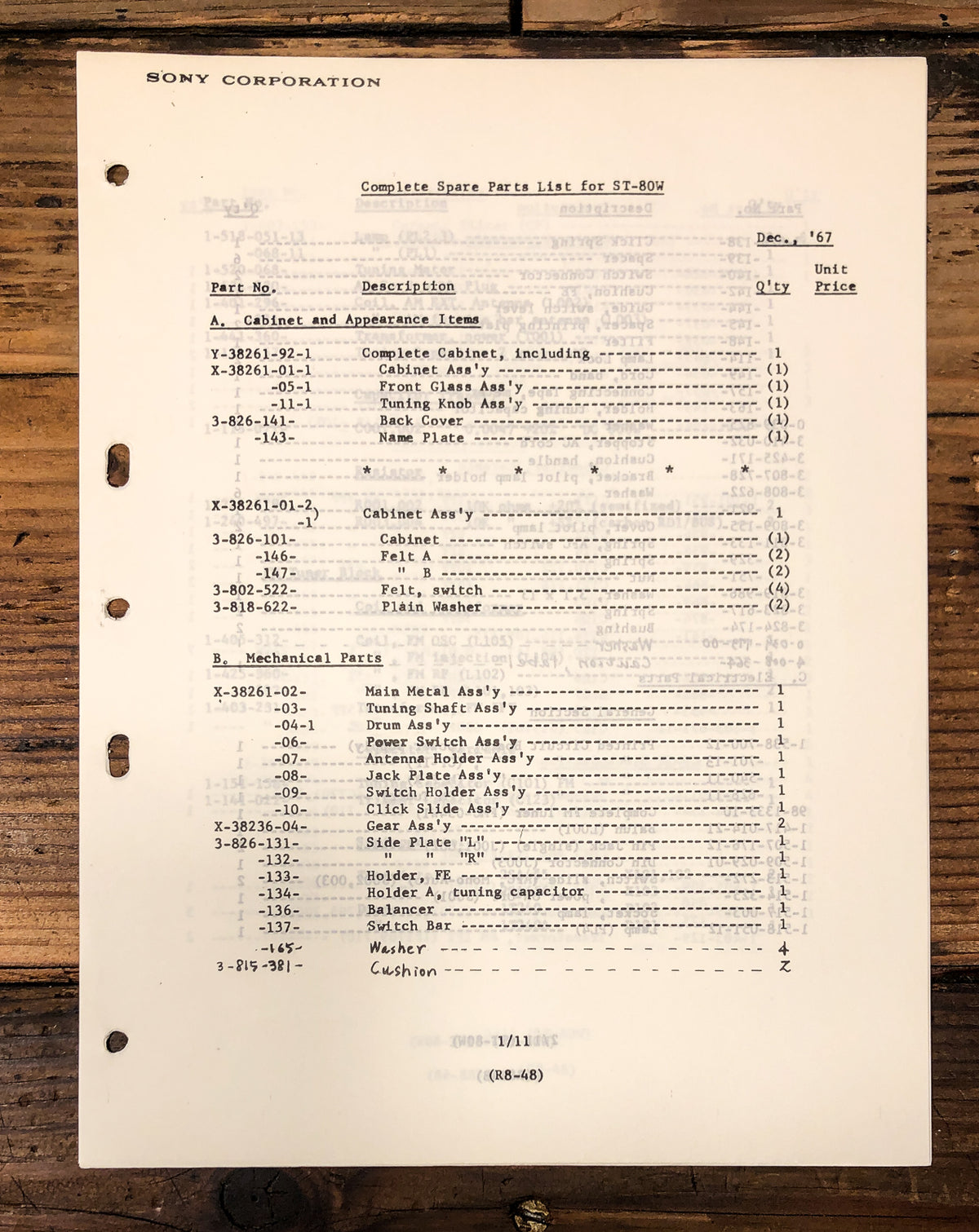 Sony ST-80W Tuner Parts List Service Manual *Original*