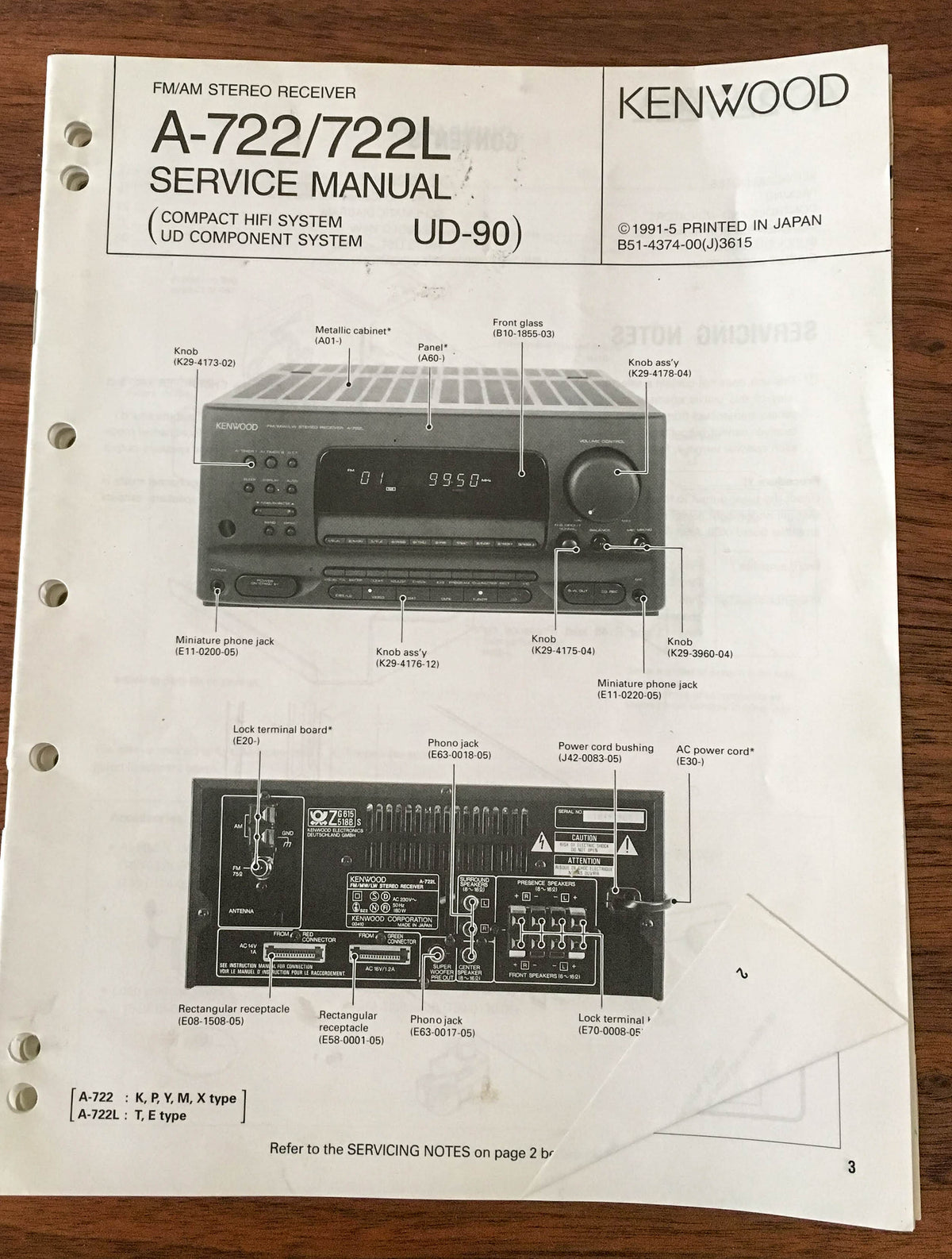 Kenwood A-722 A-722L Receiver Service Manual *Original*