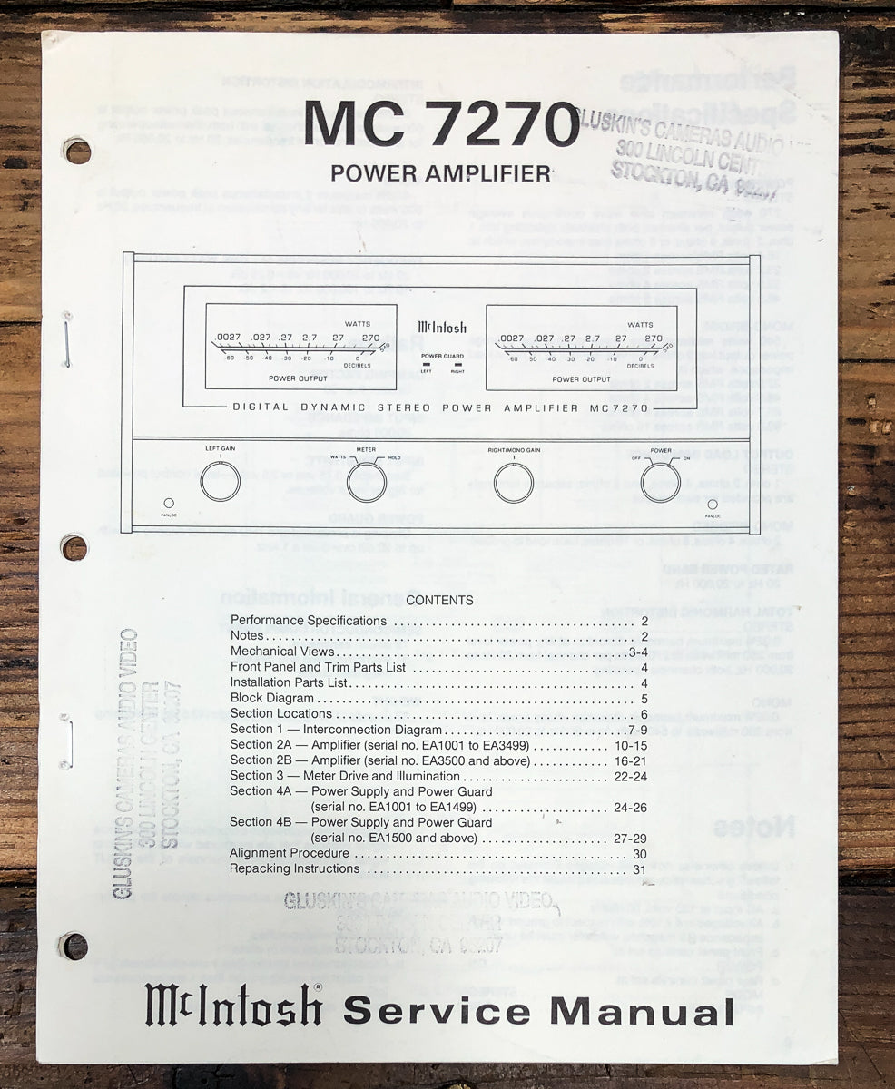 McIntosh MC-7270 MC7270 Amplifier Service Manual *Original*