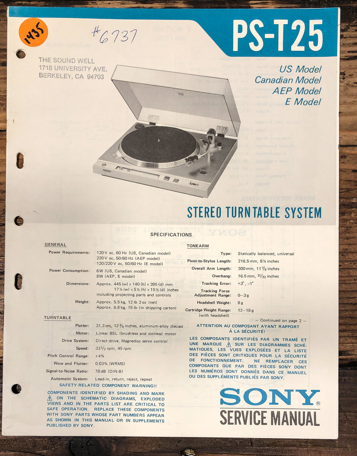 Sony PS-T25 Record Player / Turntable Service Manual *Original*