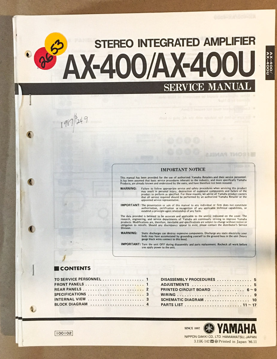 Yamaha AX-400 AX-400U Amplifier  Service Manual *Original*