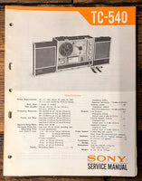 Sony TC-540 Reel to Reel  Service Manual *Original*