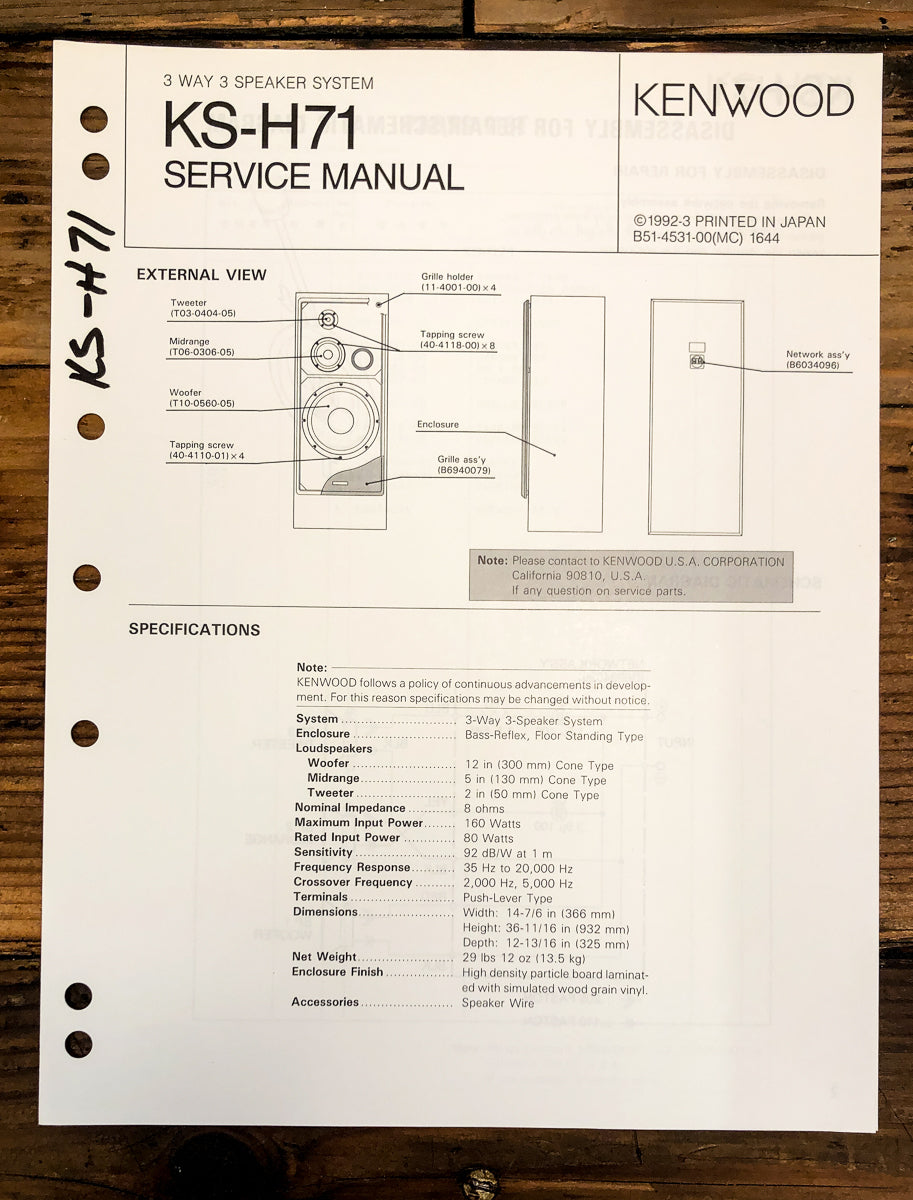 Kenwood KS-H71 Speaker Service Manual *Original*