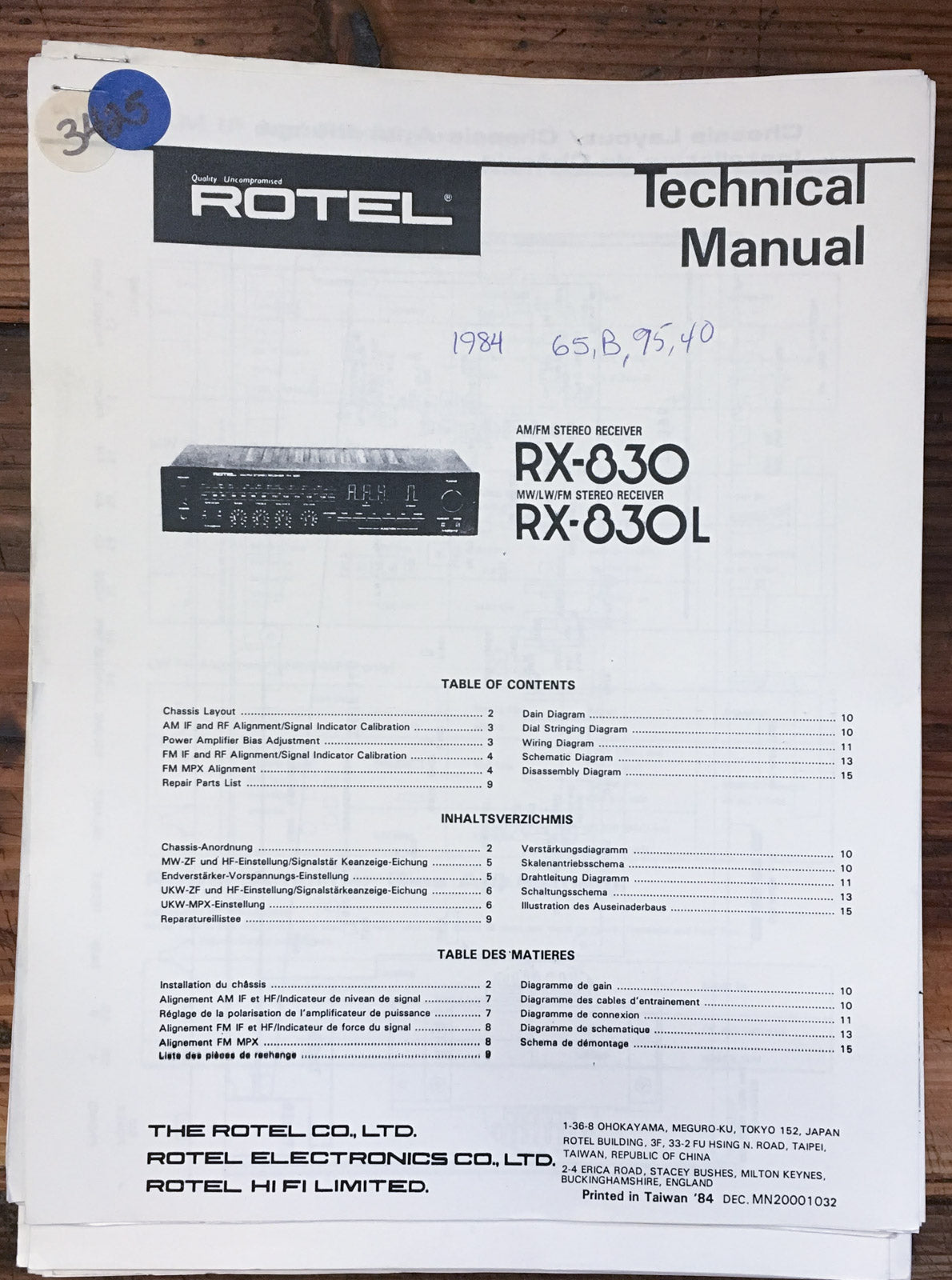 Rotel RX-830 RX-830L Receiver  Service Manual *Original*