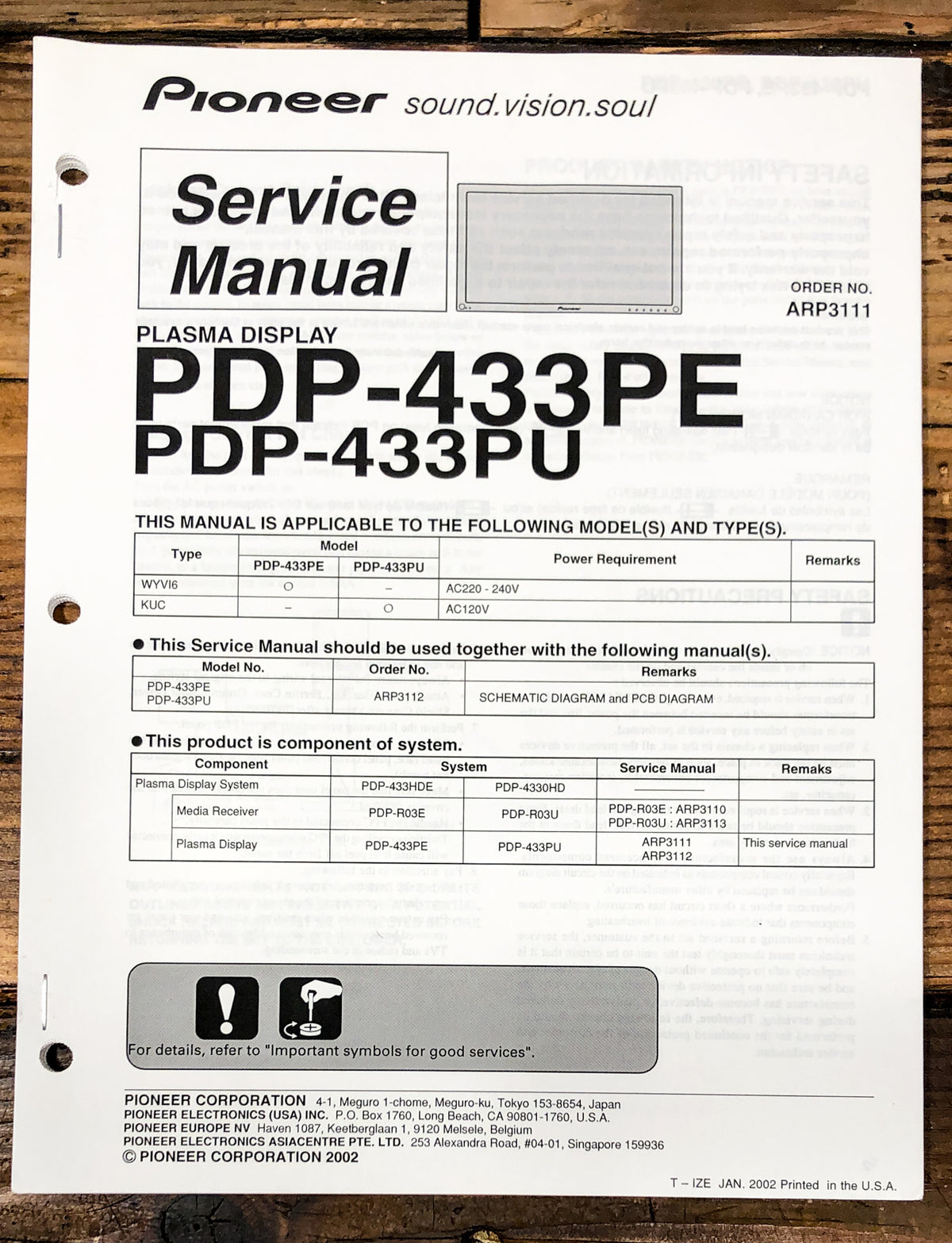 Pioneer PDP-433PE PDP-433PU Plasma Display Service Manual *Original*