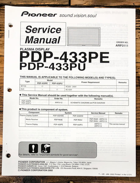 Pioneer PDP-433PE PDP-433PU Plasma Display Service Manual *Original*