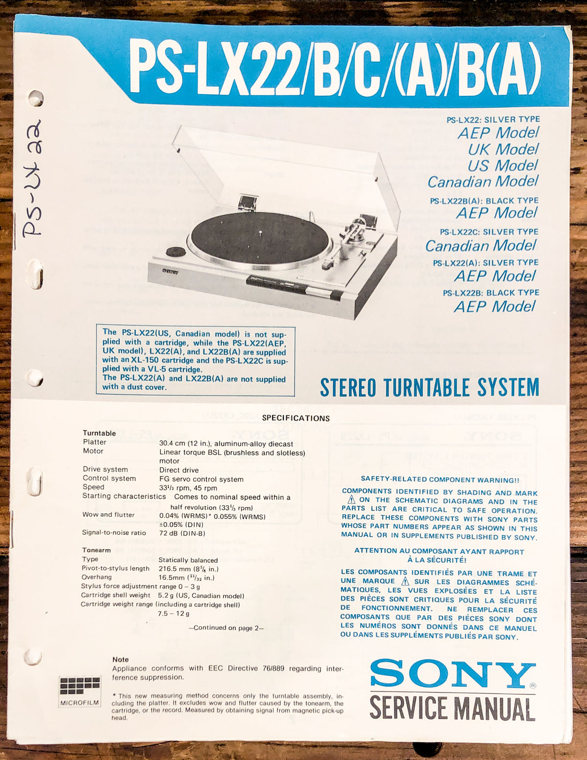 Sony PS-LX22 Record Player / Turntable  Service Manual *Original*