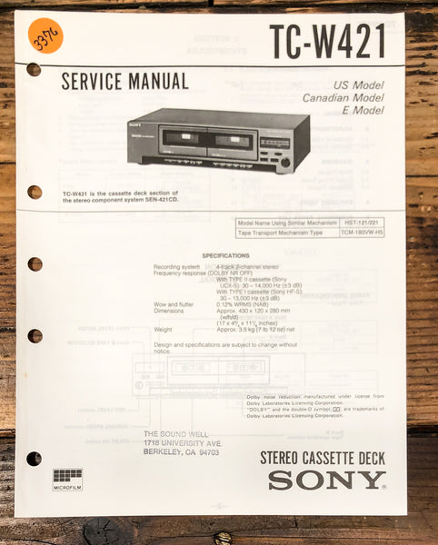 Sony TC-W421 Cassette Service Manual *Original*