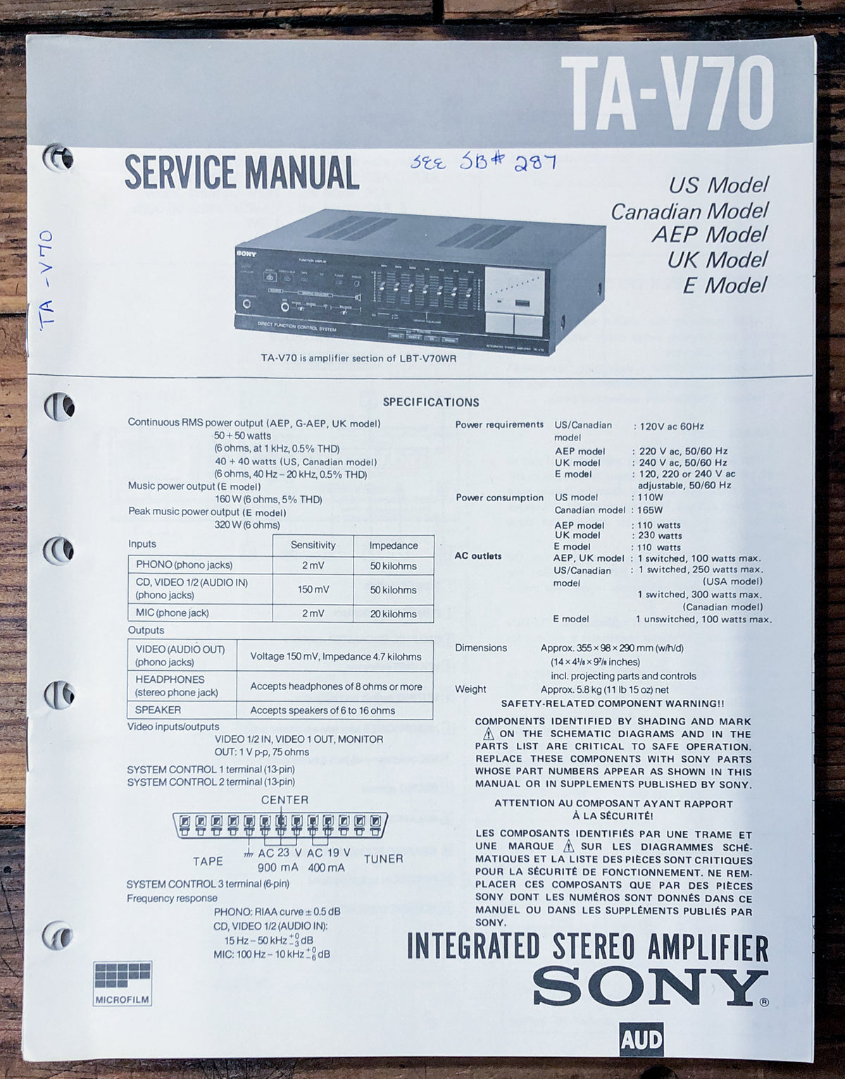 Sony TA-V70 Amplifier  Service Manual *Original*