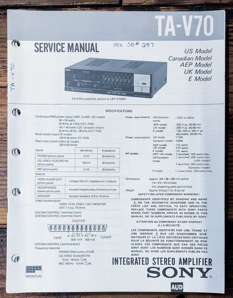 Sony TA-V70 Amplifier  Service Manual *Original*