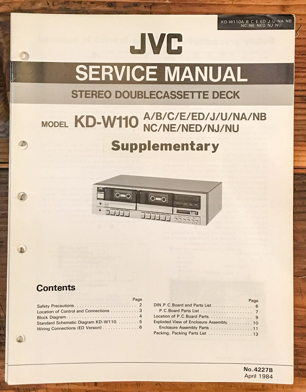 JVC KD-W110 Cassette Deck  Service Manual Supplement *Original*