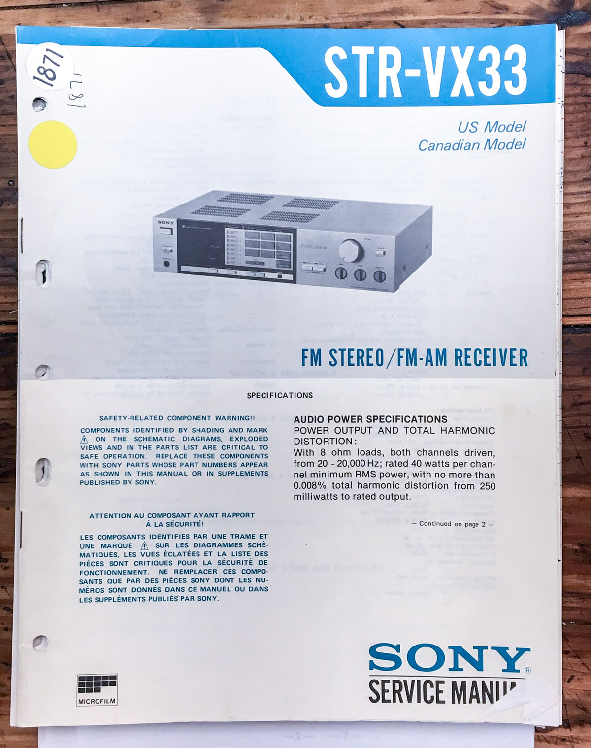 Sony STR-VX33 Receiver  Service Manual *Original*