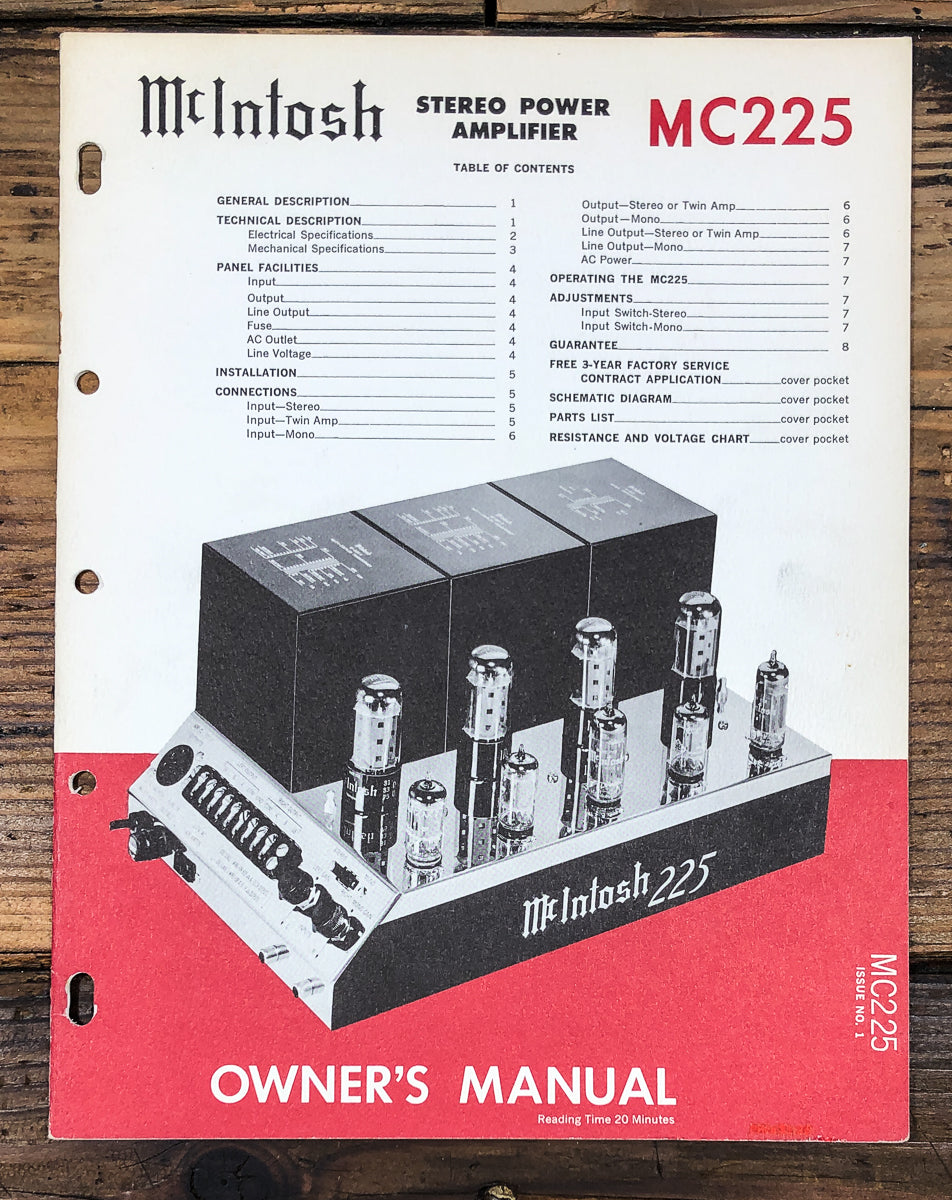 McIntosh MC-225 MC225 Amplifier Owners / User Manual *Original*