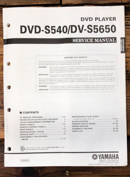 Yamaha DVD-S540 DV-S5650 DVD Player  Service Manual *Original*
