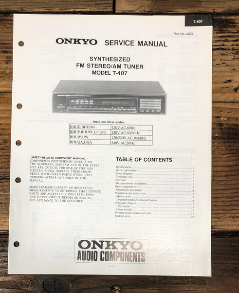 Onkyo T-407 Tuner Service Manual *Original*