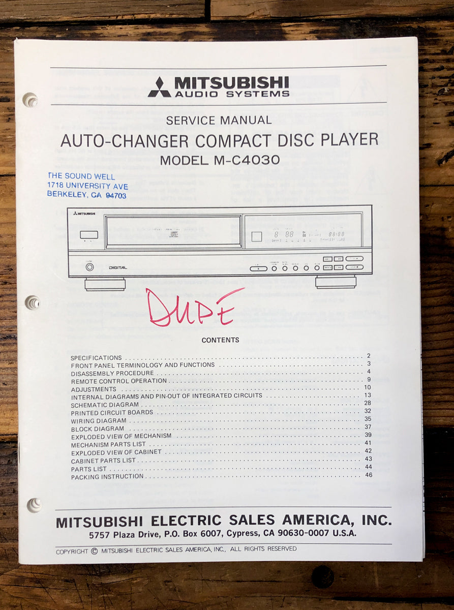 Mitsubishi M-C4030 CD Player  Service Manual *Original*