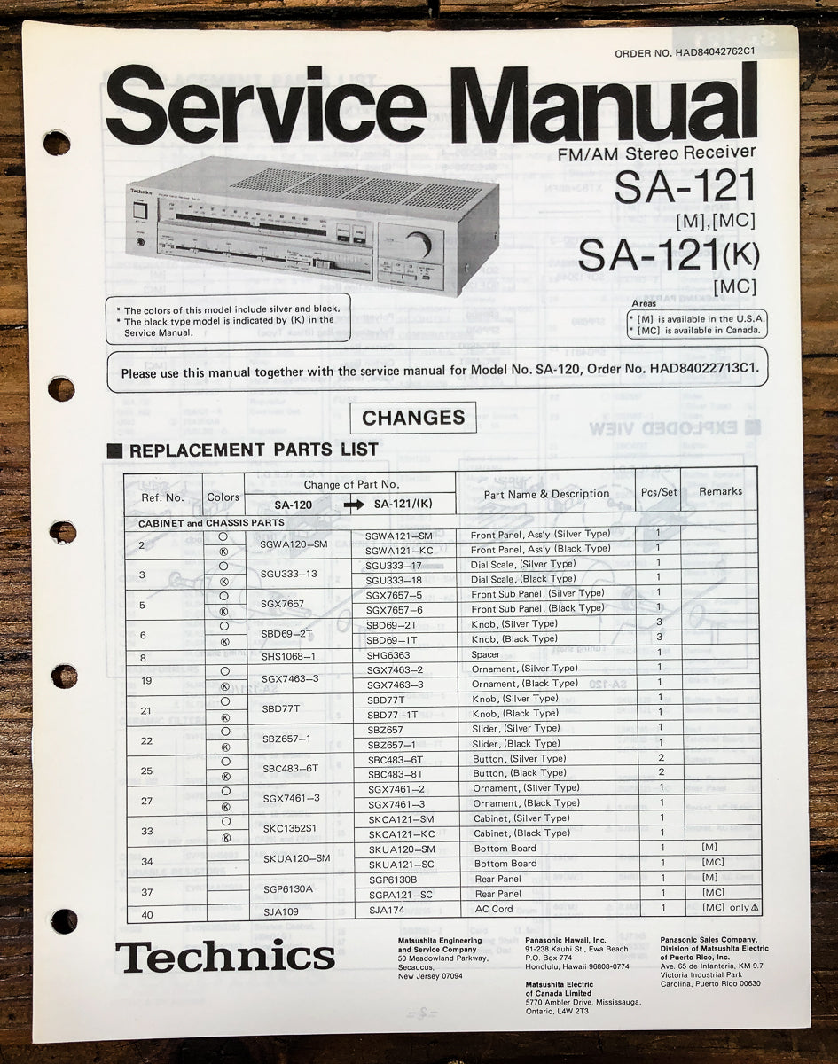 Technics SA-121 Receiver Service Manual *Original*
