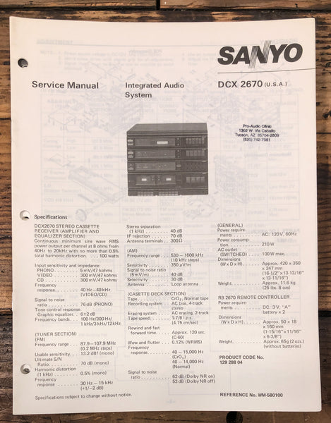 Sanyo DCX2670 DCX2670 Receiver  Service Manual *Original*