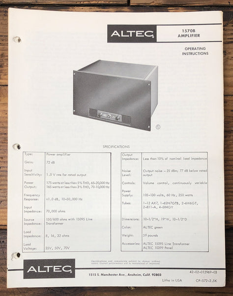 Altec Model 1570B Amplifier  Owners & Schematic Manual *ORIGINAL*