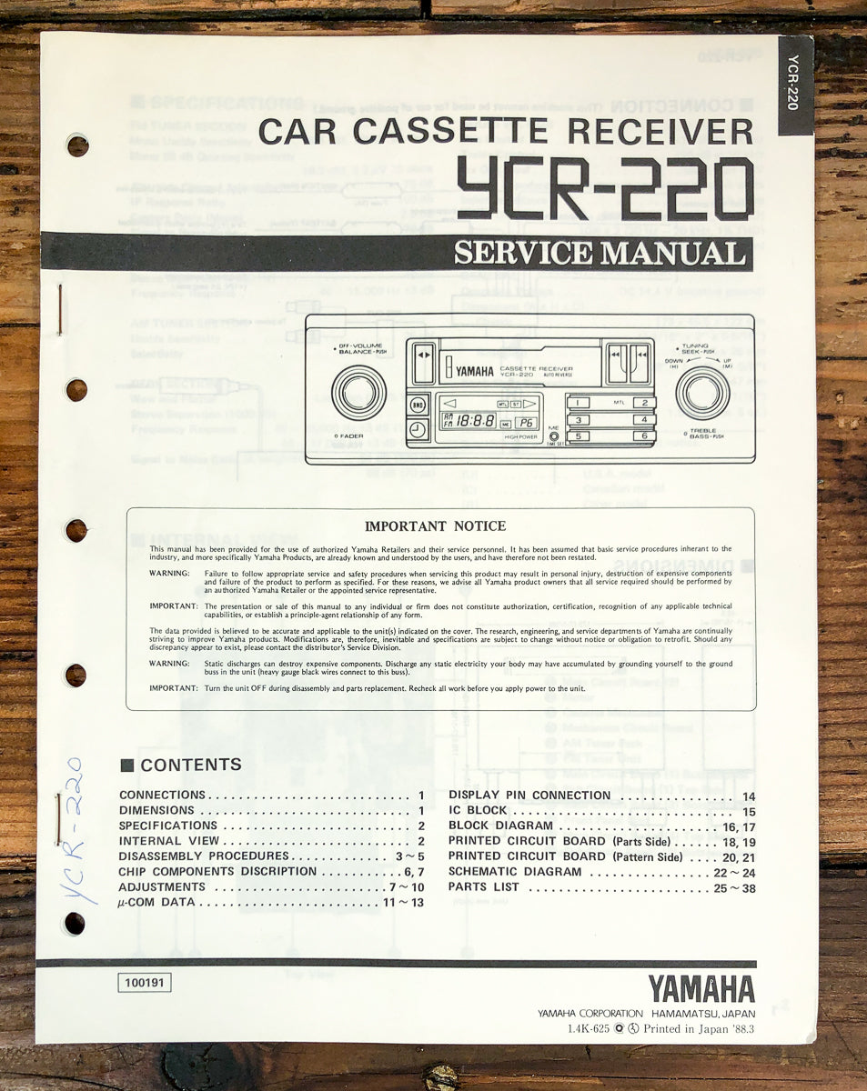Yamaha YCR-220 Car Radio Service Manual *Original*