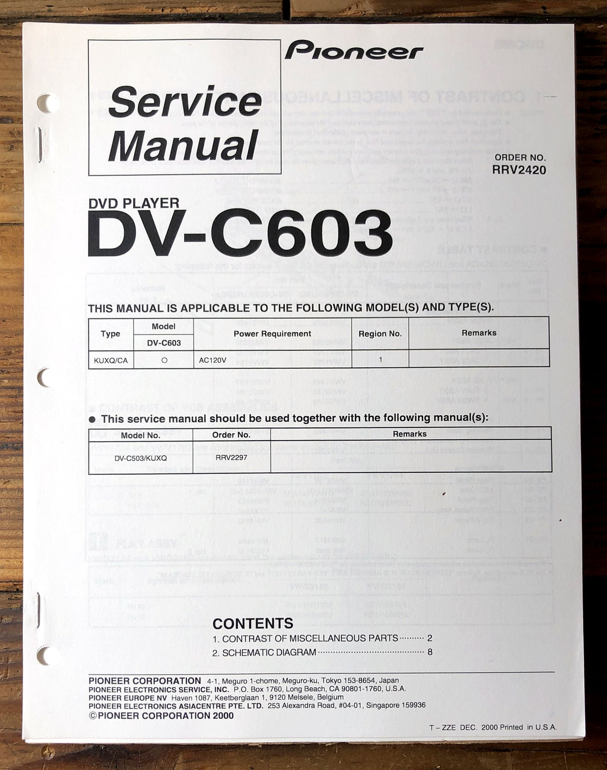 Pioneer DV-C603 DVD Player Supp. Service Manual *Original*