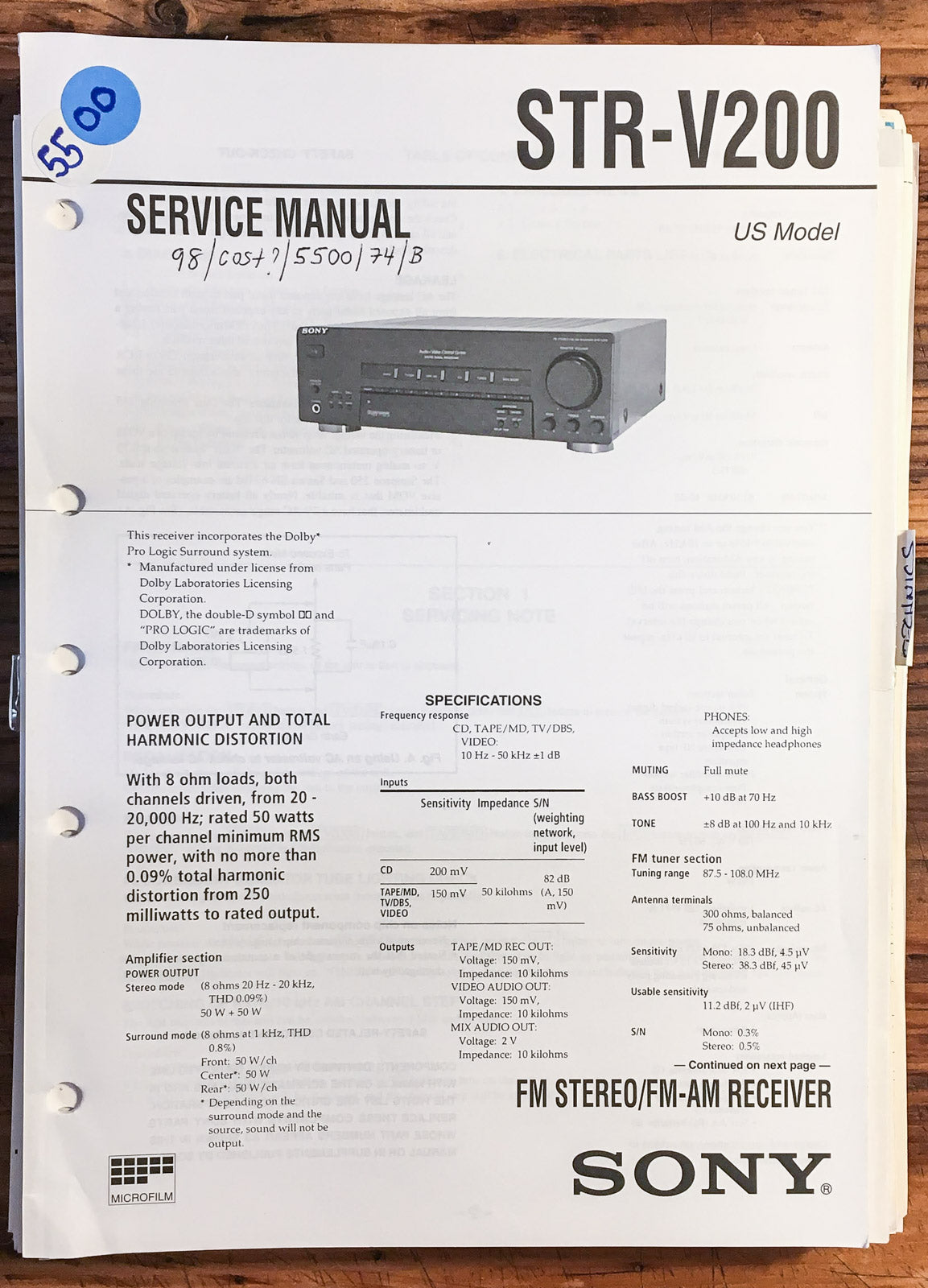 Sony STR-V200 Receiver  Service Manual *Original*