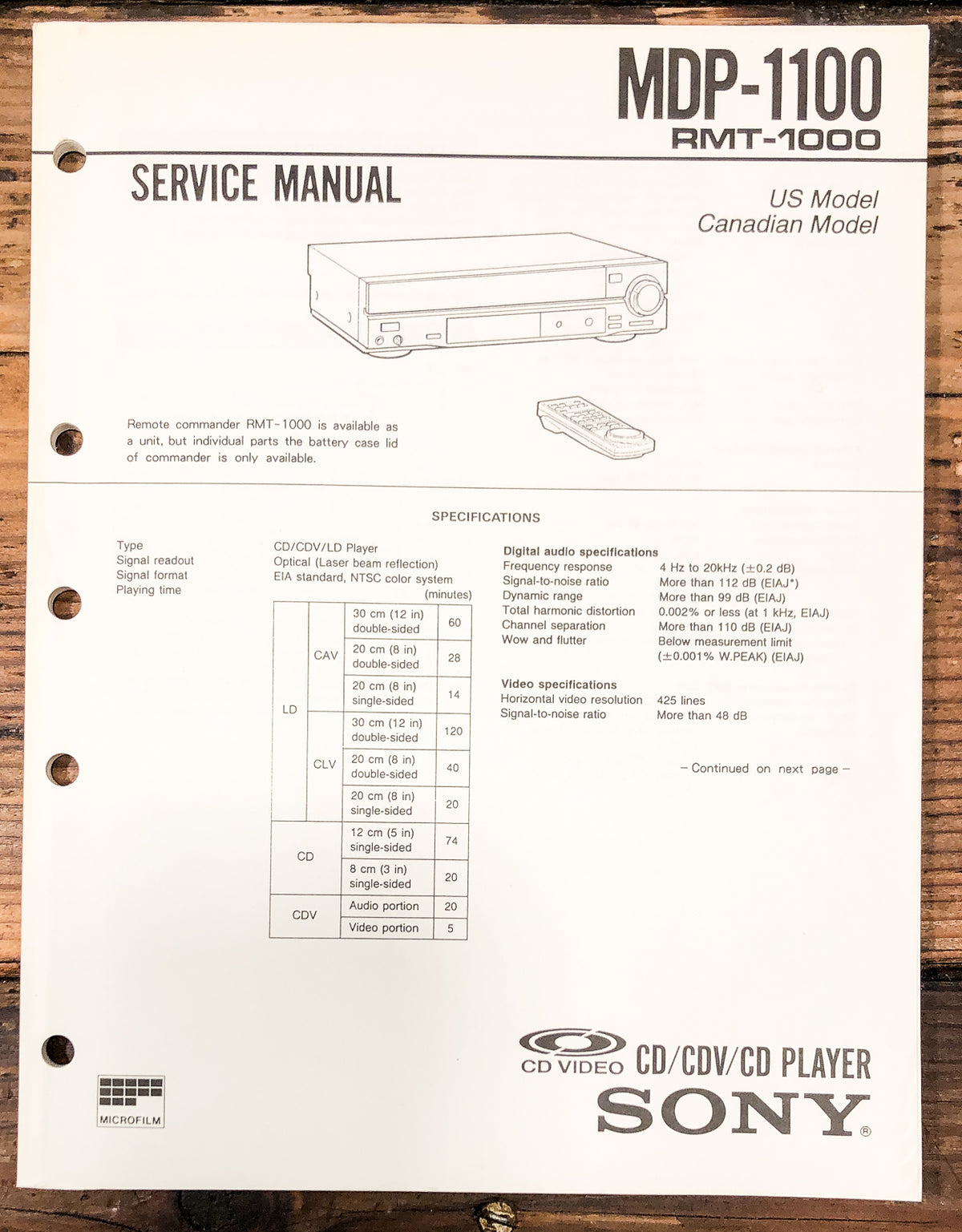 Sony MDP-1100 CD CDV LD Player Service Manual *Original*