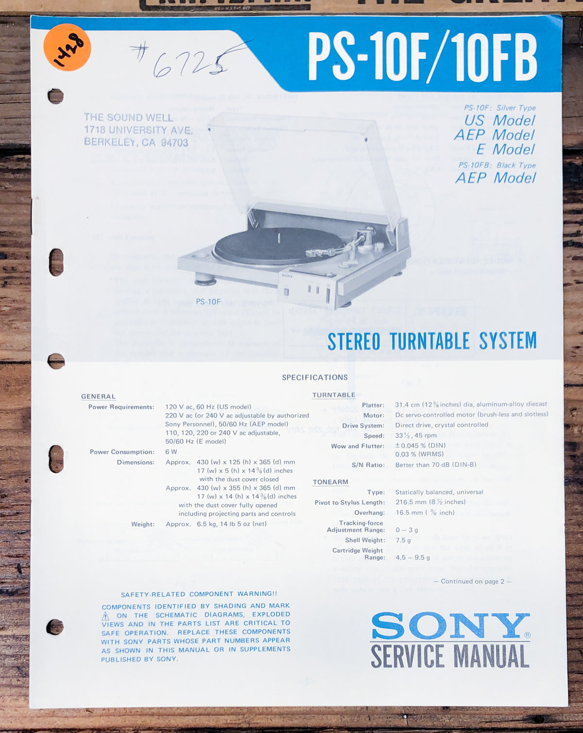 Sony PS-10F PS-10FB Record Player / Turntable  Service Manual *Original*