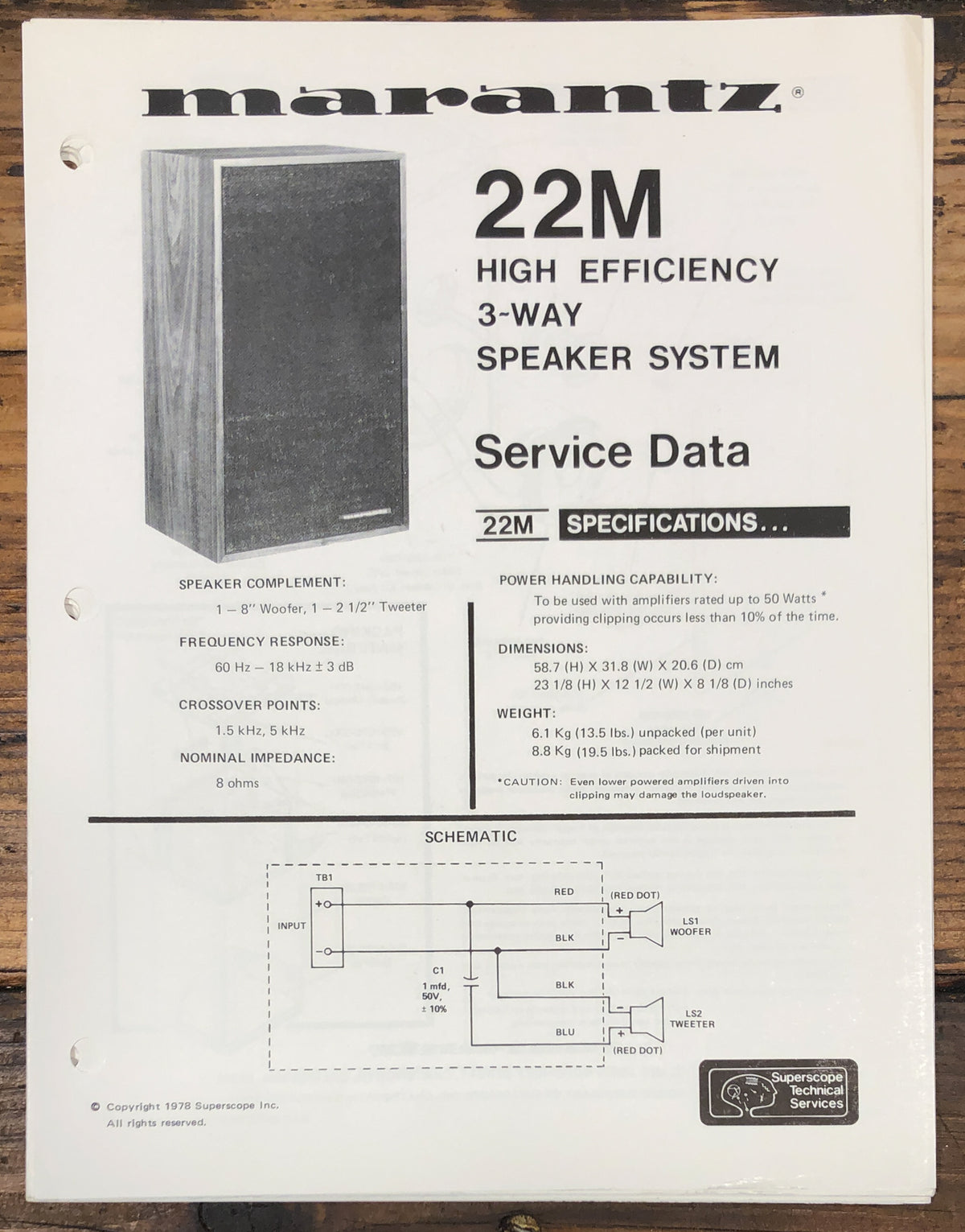 Marantz MS-22M Speaker Service Data Sheet  *Original*