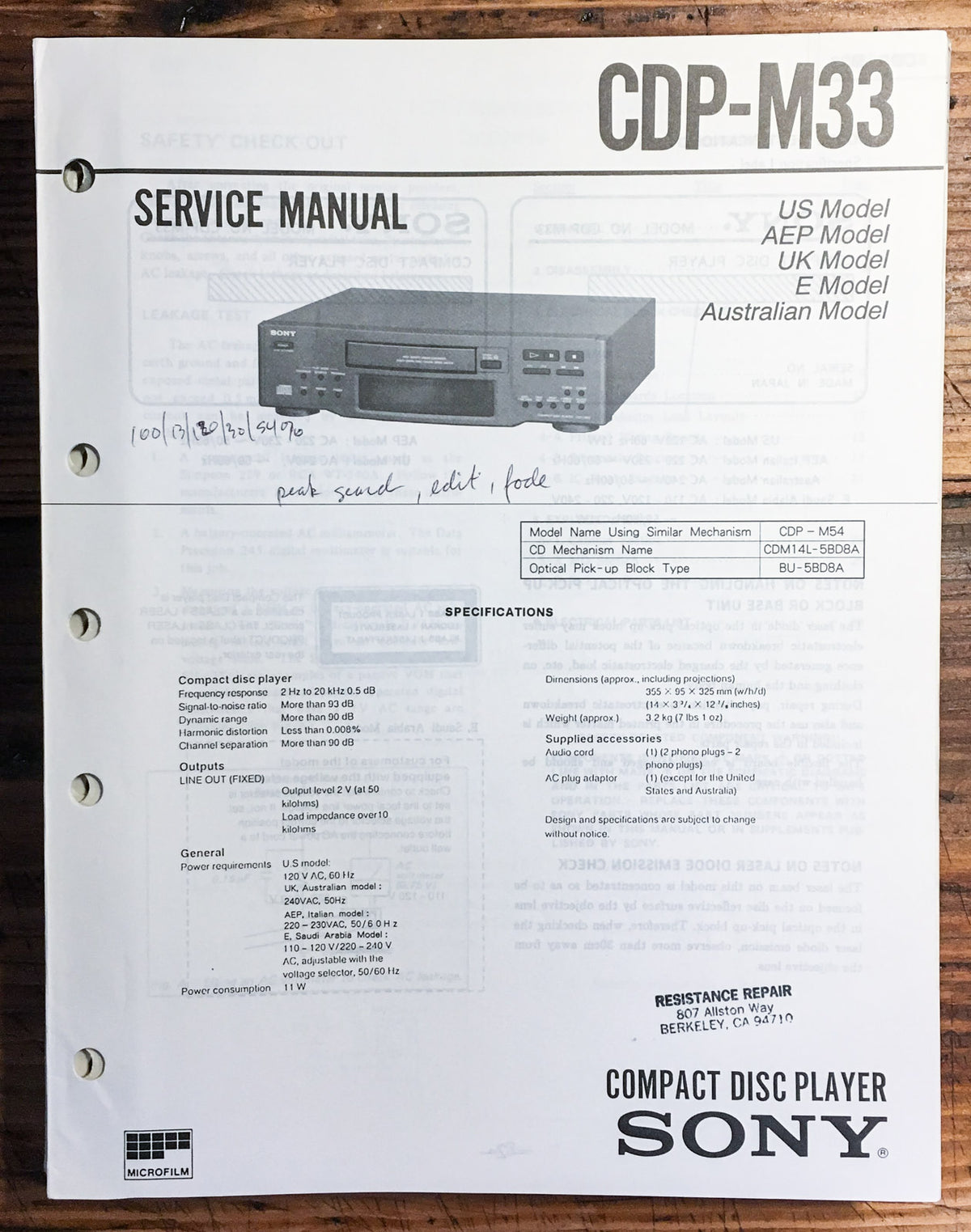 Sony CDP-M33 CD  Player  Service Manual *Original*