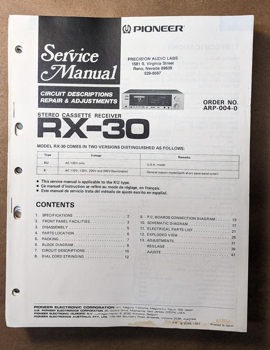 Pioneer RX-30 Receiver Service Manual *Original*