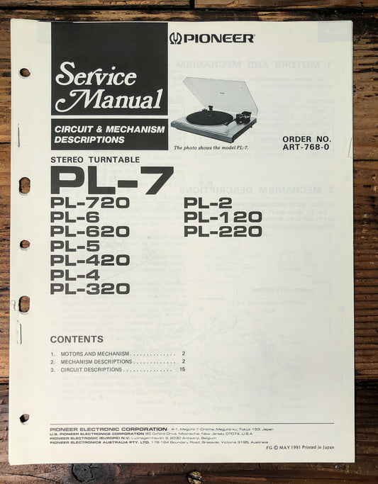 Pioneer PL-7 PL-5 PL-4 Turntable Service Manual *Original*