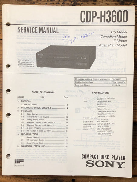 Sony CDP-H3600 CD Player  Service Manual *Original*