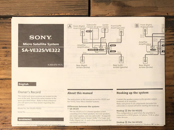 Sony SA-VE325 SA-VE322 Speaker  Owner / User Manual *Original*